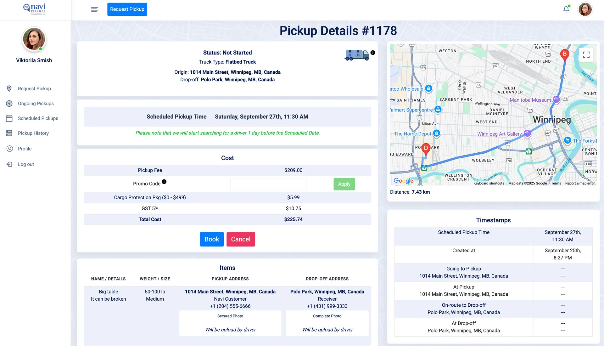 Web App pickup details page