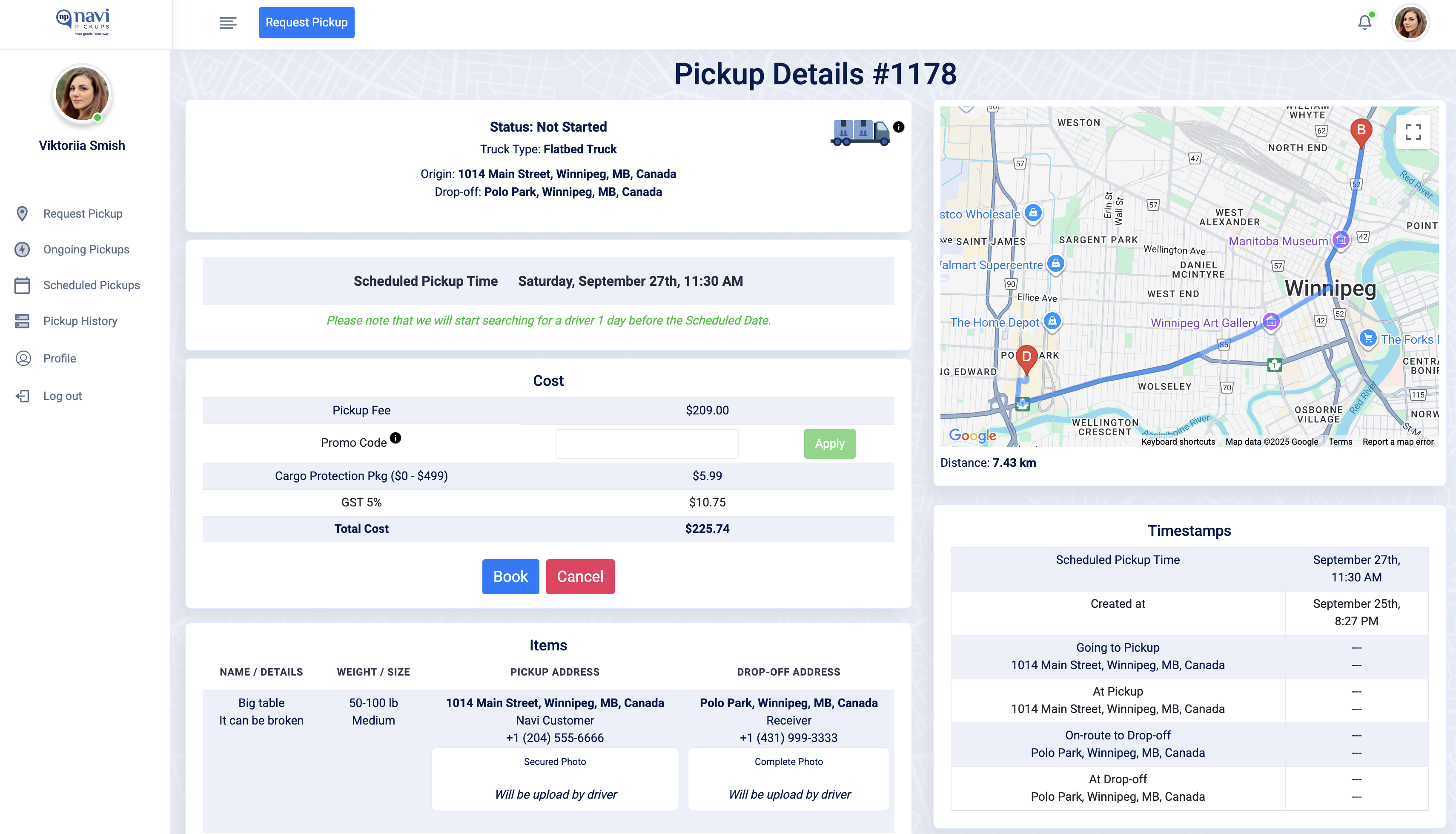 Web App - Pickup Details page